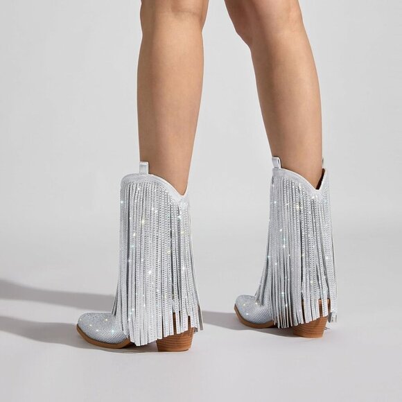 Women's Silver Rhinestone Fringe Sparkly Pointed Toe Western Chunky Heel Boots - Picture 7 of 7